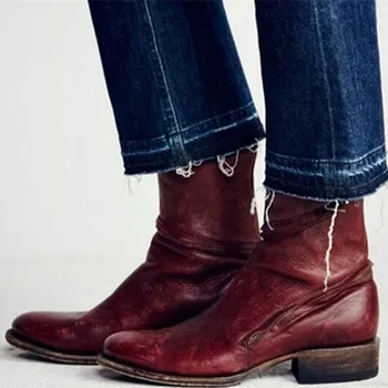 

Ladies Retro Motorcycle Boots Shallow Round Head Calf Genuine Leather Boots Leather Thick with Side Zipper Gladiator Cotton Boot