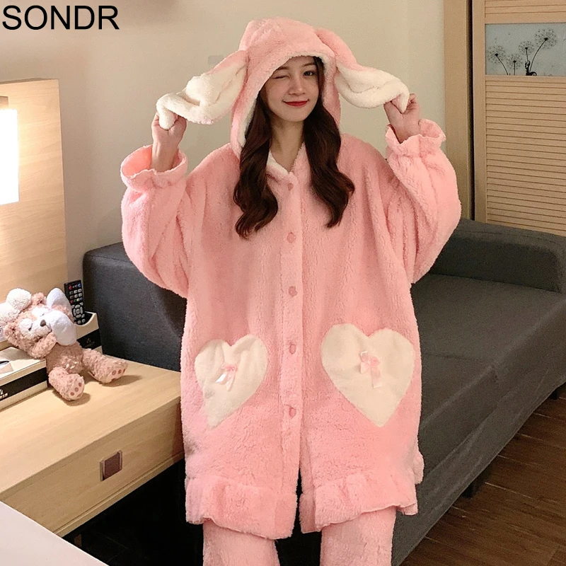 

Winter Kawaii Girls Coral Fleece Coat Women Sweet Cute Long Ears Furry Coat Warm Trousers Home Clothes Set Soft Pink Pajamas New