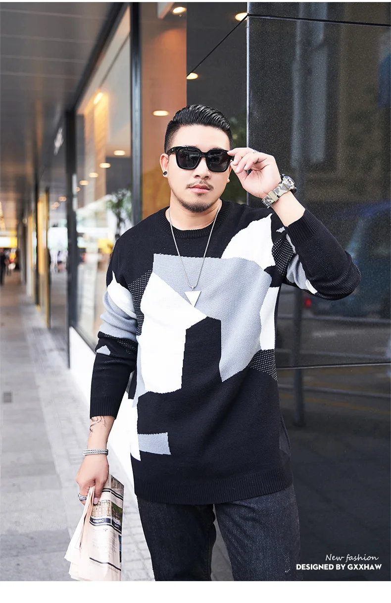 GXXH Large Men's Brand Autumn Dress Fat Guy Irregular Pattern Round Neck Loose Fit Personality Sweater Fashion Knitted Sweater