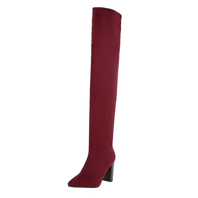 Lecopike Mujer Botas; Сапоги выше колена; обувь из флока с острым носком; женские высокие сапоги на каблуке; высокие сапоги; botte femme; A40 - Цвет: Бордовый