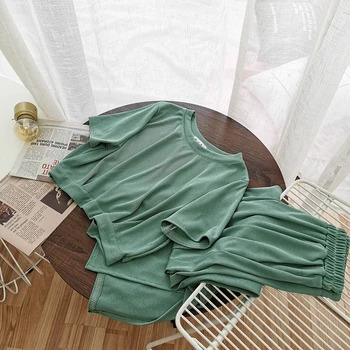 

2020 Summer Basic Casual Pants Set Women O Neck Short Sleeve T Shirt+wide Leg High Waist Split Long Pant 4 Colors 2 Piece Set