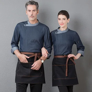 

Long Sleeves Restaurant Uniform Wiht Apron Chef Denim Jackets Kitchen Catering Baking Chef Clothes Sushi Costume Coat Uniforms