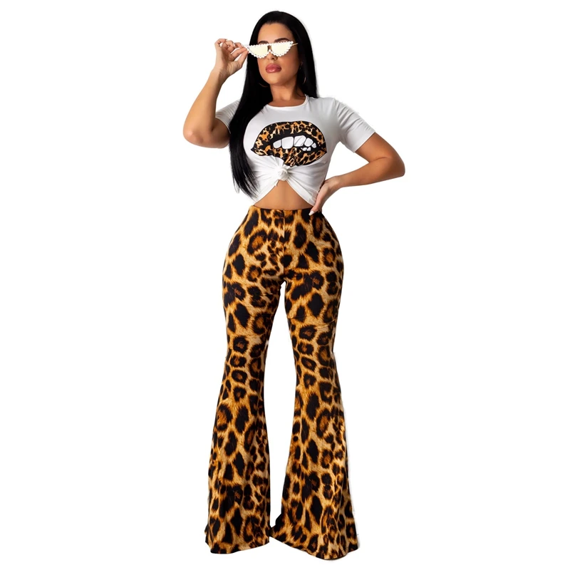 

Leopard Two Piece Set Women Tracksuit Short Sleeve T Shirt Crop Top Flare Pants Set Casual 2 Piece Matching Set Women Clothes