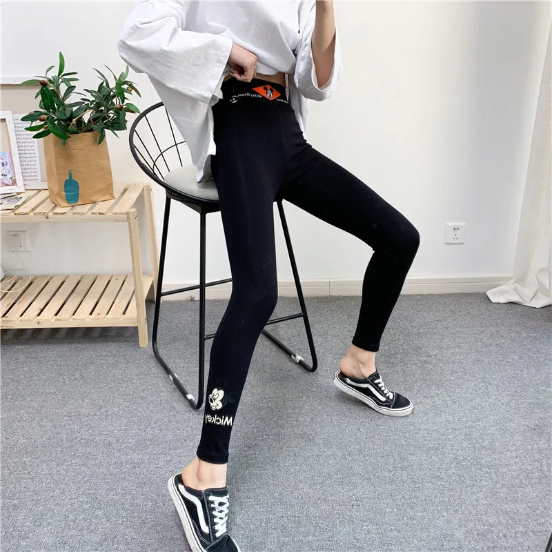 New Mickey Printed Women's Autumn Spring Wear Nine-Point Leggings Cotton Embroidery Cartoon Stretch Pants Leggings