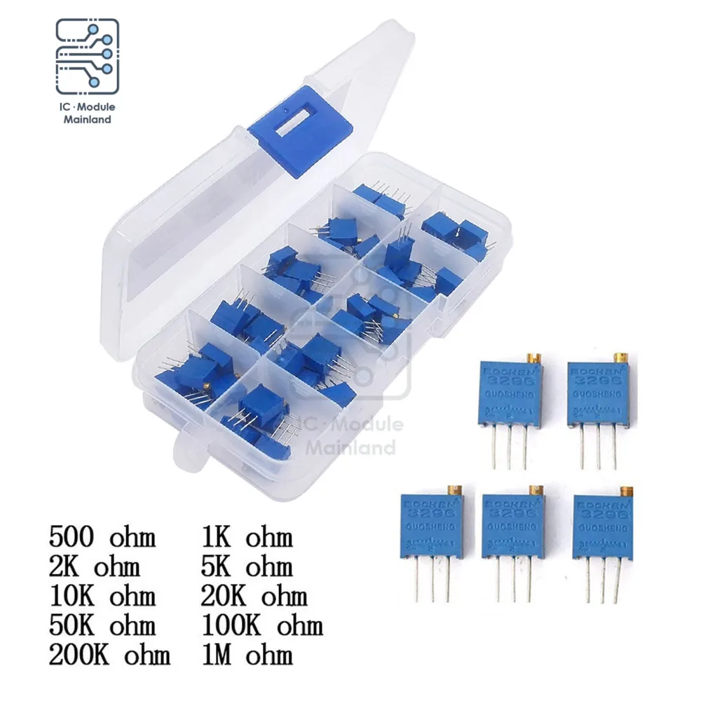 

10 Values 3296W Multi-turn Trimmer Potentiometer Variable Resistance 500R 1K 2K 5K 10K 20K 50K 100K 200K 1M Ohm Assortment Kit