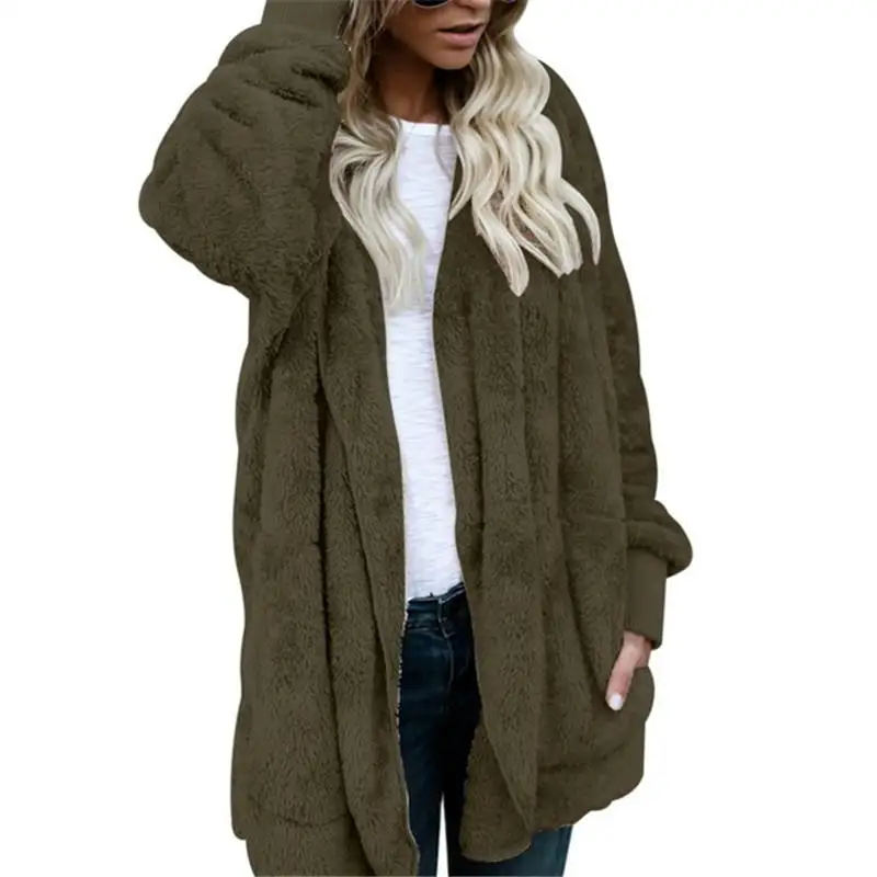 ArmyGreen Hoodies Зимнее женское пальто модная однотонная теплая толстовка с капюшоном куртка из искусственного меха Осенняя Повседневная Верхняя одежда с карманами Большие размеры пальто - Цвет: ArmyGreen Hoodies