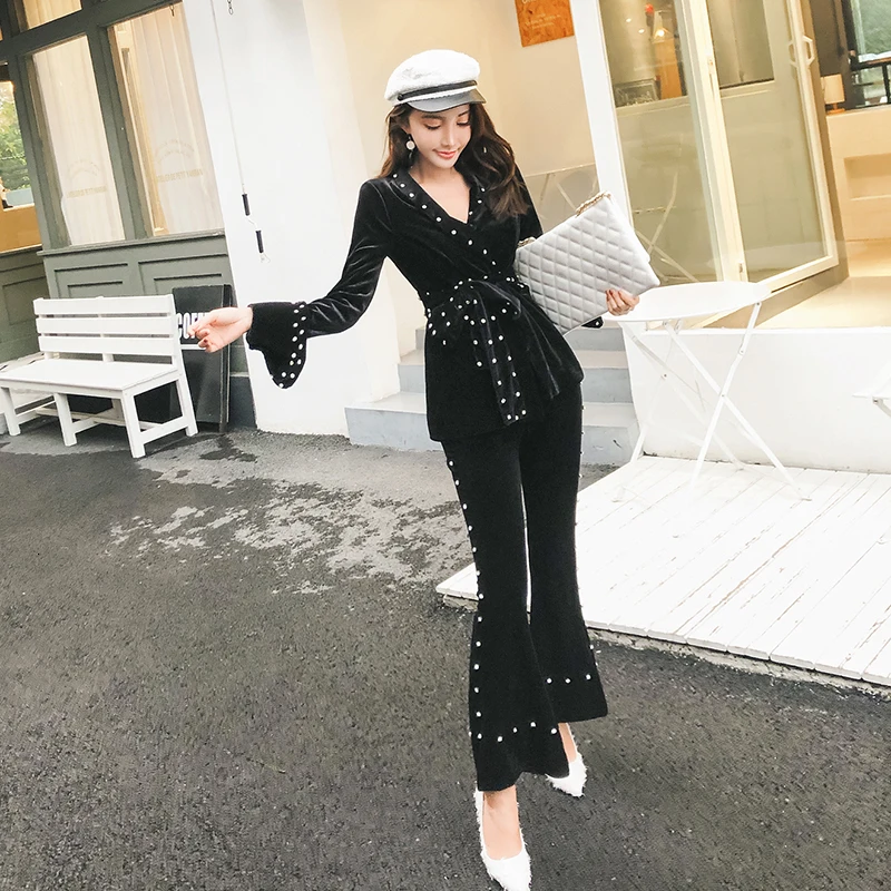 Autumn New Women 2 Piece Outfits Long Sleeve Diamond-studded Black Velvet Jacket Coat + Wide Leg Flare Trousers Suit Set | Женская