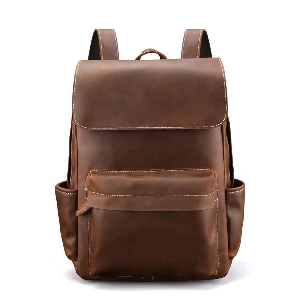 

100% Genuine Leather Men Backpack Vintage Real Natural Leather Student Backpack Crazy Horse Skin Computer Laptop Bag 14 Inch New