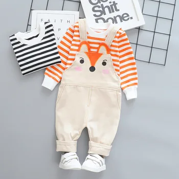 

2020 children's autumn clothing striped long-sleeved tide cartoon little fox overalls two-piece boy set