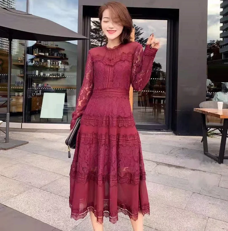 wine red Высокое качество, новинка, весенне-летнее платье, женское сексуальное прозрачное Сетчатое кружевное лоскутное платье с длинным рукавом, до середины икры, винно-красное, черное платье для женщин - Цвет: wine red