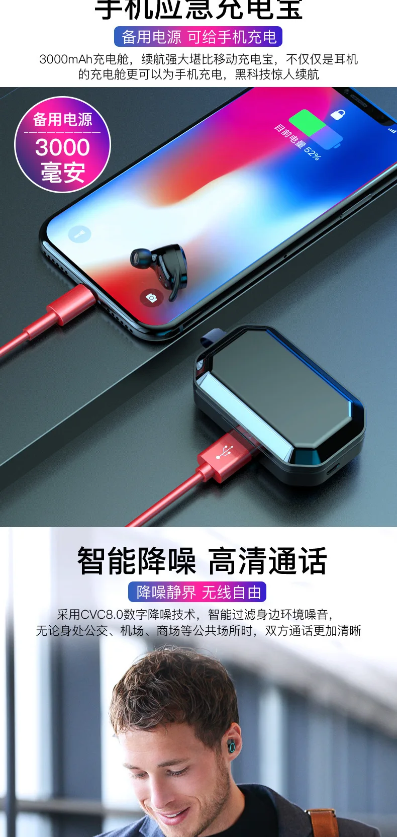 Wireless Bluetooth Headset 5.0 touch waterproof 3000 mAh large battery storage bluetooth headphone wireless headphones