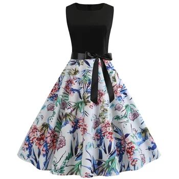 

Photo Shoot Hot Selling Eaby Sleeveless Vintage Printed Big Hemline Dress with Belt 5283