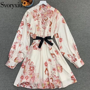 

Svoryxiu Fashion Designer Autumn Female Floral Print Vintage Mini Short Dresses Women Long Sleeve Bow Belt Chic Shirt Dress