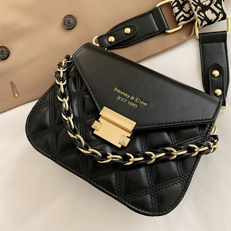 

Vintage Flap Small Diamond Lattice Tote Bags for Women Luxury Leather Messenger Bag Ladies Black Plaid Wide Shoulder Strap Bag