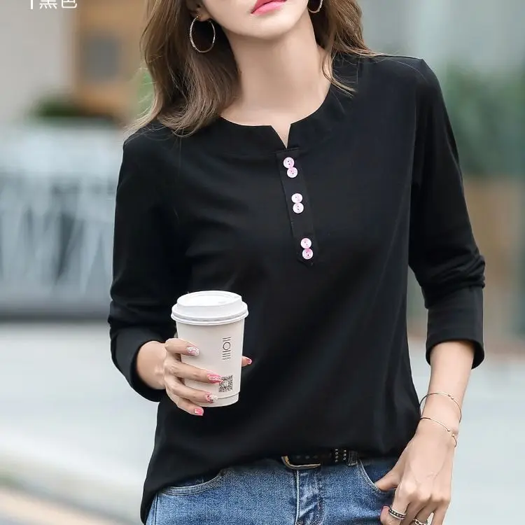 2021 100% Cotton T Shirt Woman Spring Fashion Long Sleeve Shirt V Neck Woman T-shirt Loose Korean Style Plus Size Women Shirts t shirt oversize