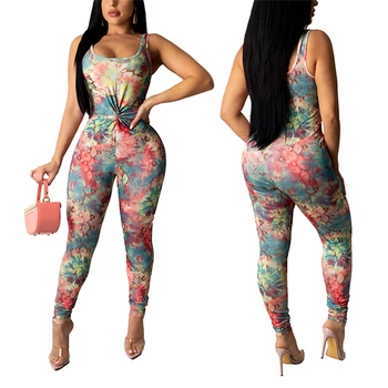

2020 Fashion Women Ladies Sleeveless Tie Dye Bodysuit Strap Romper Sexy Summer Floral Print Playsuit Clothes Bodycon Club Wear