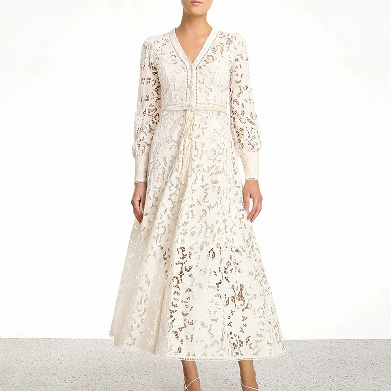 

Maxi Lace Dress Long Sleeve Button Down Hollow Out Belted Long Ankle Length Dress 2020