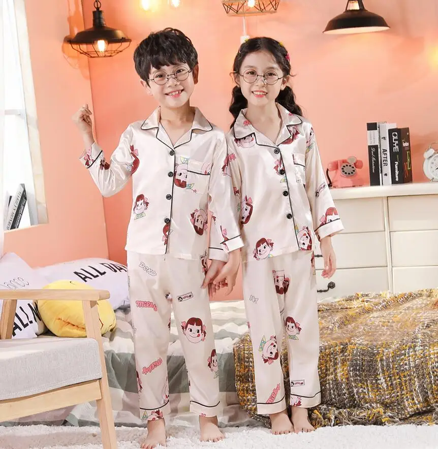 New Button-Down Spring Autumn Children Satin Pajamas Sets Kids Girls Solid Silk Long Sleeve 2 Pieces Tops+Pants Sleepwear Pyjama