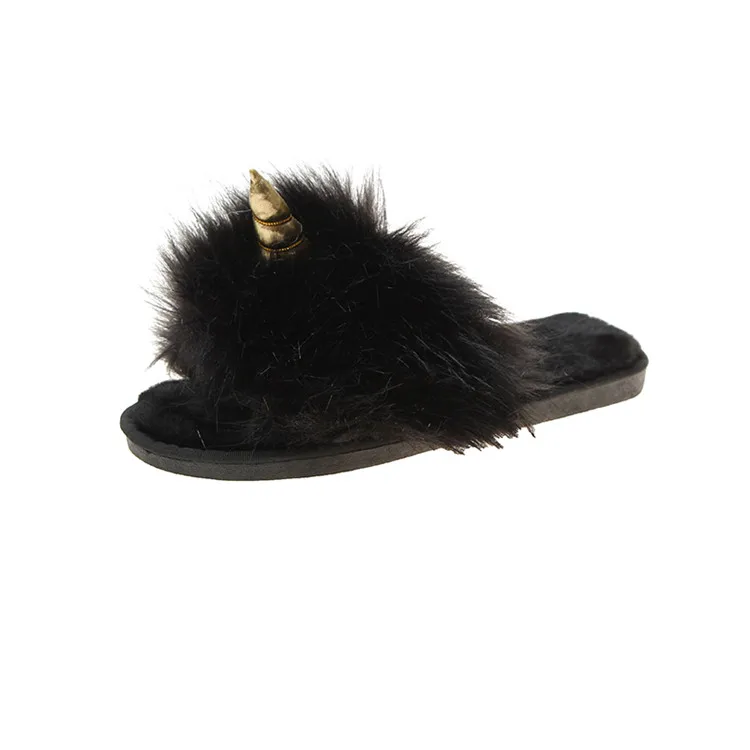 COOTELILI Winter Women Home Slippers with Faux Fur Fashion Warm Shoes Woman Slip on Flats Female Slides Black Christmas Gift