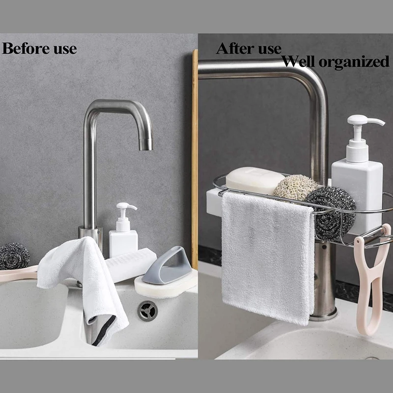 Kitchen Sink Caddy Sponge Holder, Bathroom Metal Organizer Liquid Drainer Faucet Rack Shower Tray-Fix Around Faucet, Silver