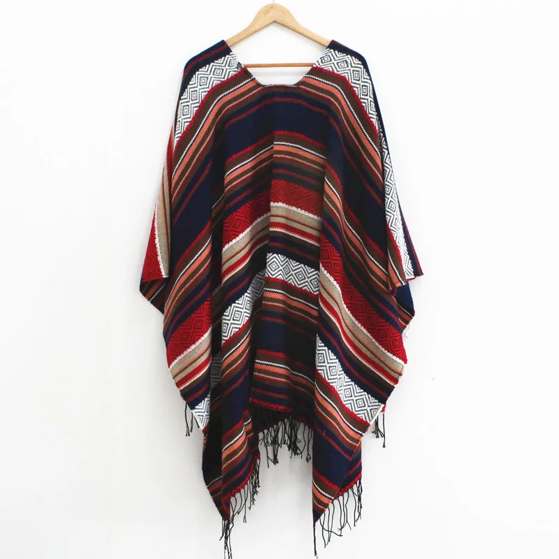 Женский полосатый шарф пончо с кисточками и обертывания уплотненный кашемировый осенне-зимний национальный плащ-накидка