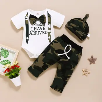 

Newborn Kid Baby Boy 3pcs Spring Summer Clothes Set Short Sleeve Romper Bodysuit Pants Hat Outfits Set 3-18Months