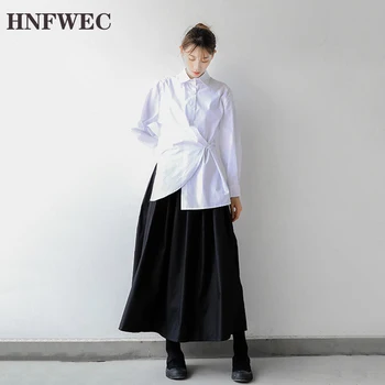 

Women White Pleated Asymmetrical Blouse New Lapel Long Sleeve Loose Fit Shirt Fashion Tide Spring Autumn 2020 V560