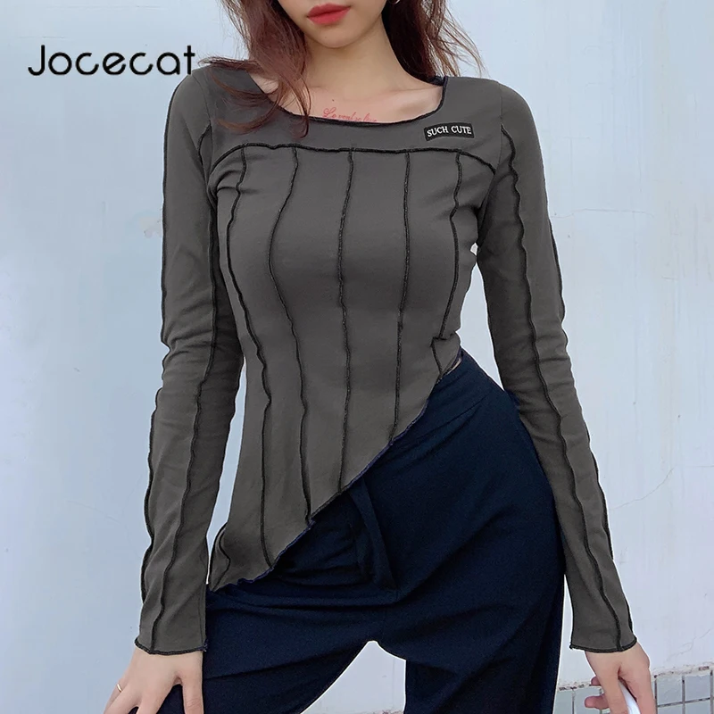 

Jocecat Gray High Quality Ribbed T-Shirts For Women Chic Punk Girls' Gothic Clothes O Neck Long Sleeve Autumn Cropped Shirts