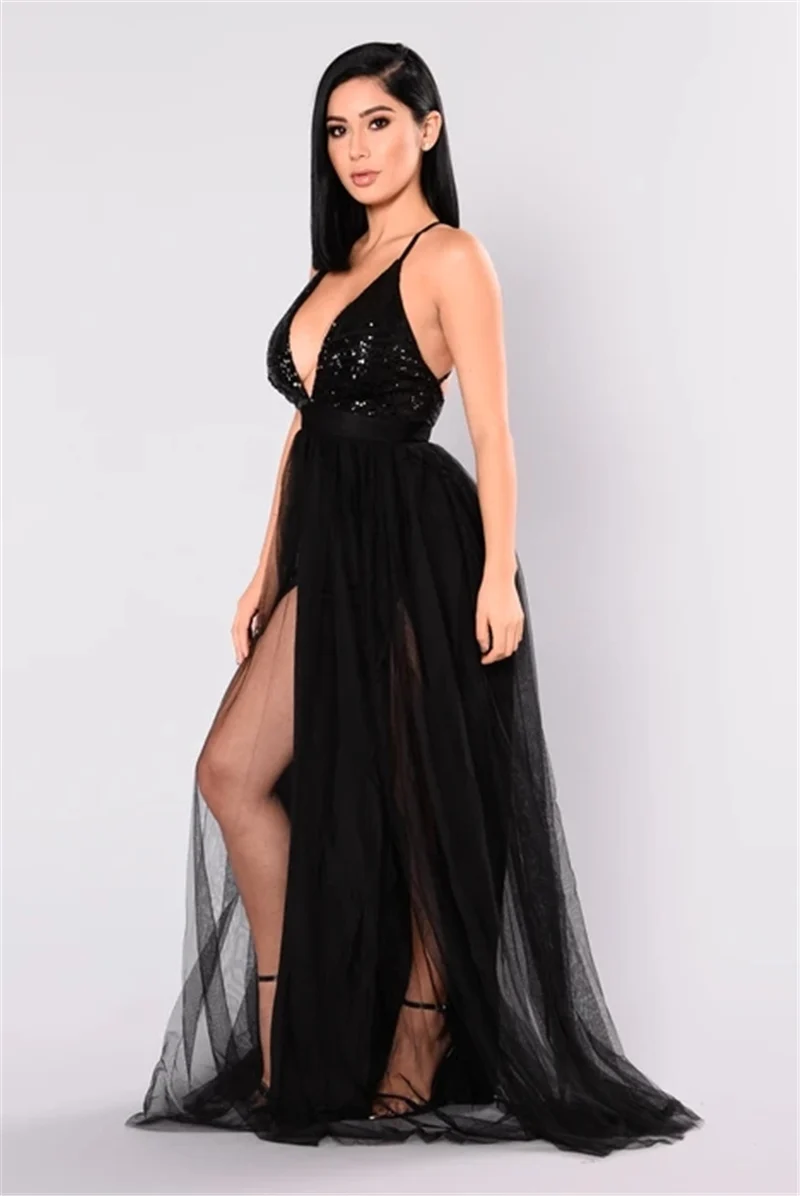 PFFLOOK Mesh Sequin Sexy Maxi Dress Women Deep V Neck Cross Back Backless Long Dress Elegant Sleeveless Solid Summer Party Dress