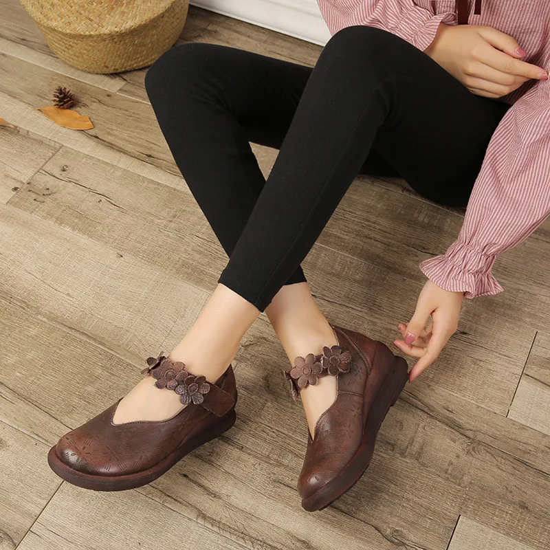 

SWONCO Really Leather Shoes Women Spring Wedges Heels Pumps 2020 Spring New Lady Retro Flower Wedges Pumps Shoes For Woman
