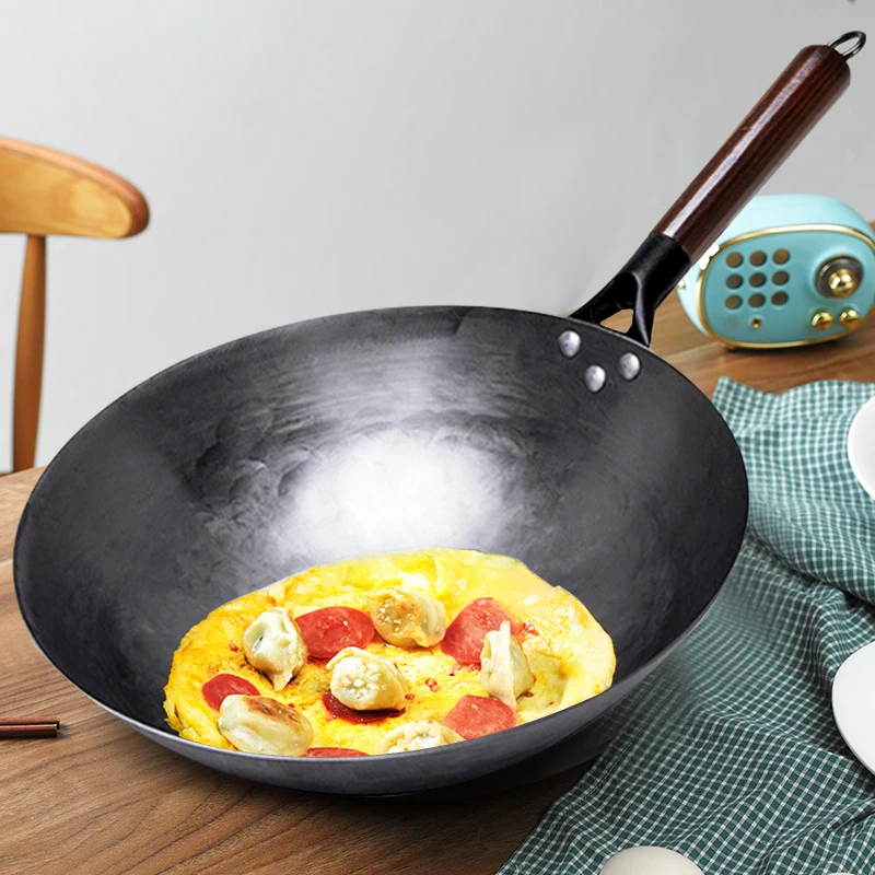 Traditional Iron Wok Non-coating Hand forged Kitchen Pan Wooden Handle