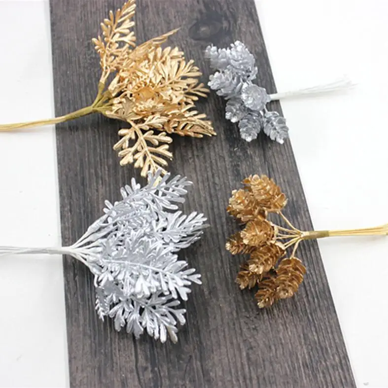 

10pcs/6pcs Gold Silver Pine Cone Leaf Craft Flowers Home Wedding decoration Diy Gift Box Wreath Pine Cone Artificial Flowers