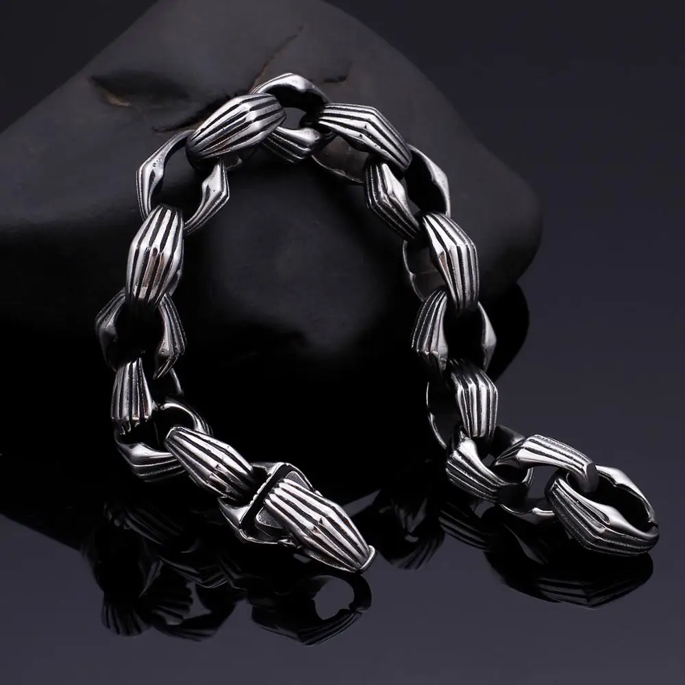 Fongten Vintage Stainless Steel Beaded Bracelet Men Punk Charm Chain Bracelets For Mens Jewelry