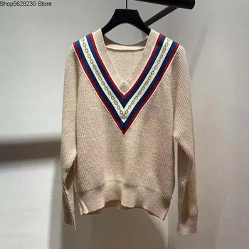 

French Elegant 2020 Splicing V Set Head Collar Stripes Long Sleeve Women's Wear Knitting Shirt 190608