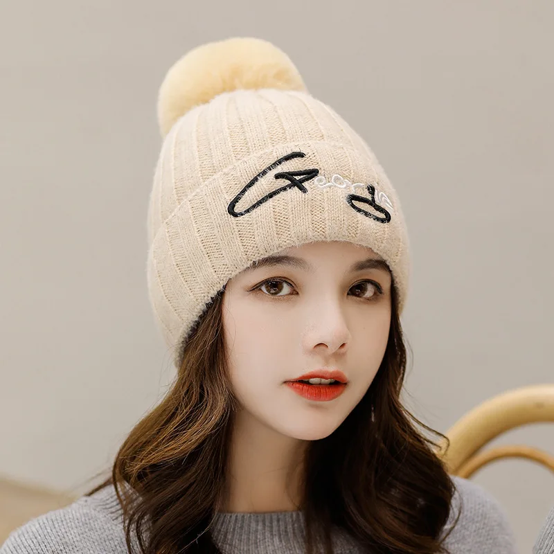 New Winter Knitted Beanies Hats Women Pompom Letter Knit Hat Fashion Solid Color Warm Beanie Skullies Hat Female Winter Cap