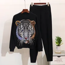 Spring New Fashion Black Knitted Tracksuit Beading Tiger Long Sleeve Sweater Long Pants 2 piece Set Women Loose Knitting Outfits Spring New Fashion Black Knitted Tracksuit Beading Tiger Long Sleeve Sweater Long Pants 2 piece Set Women Loose Knitting Outfits