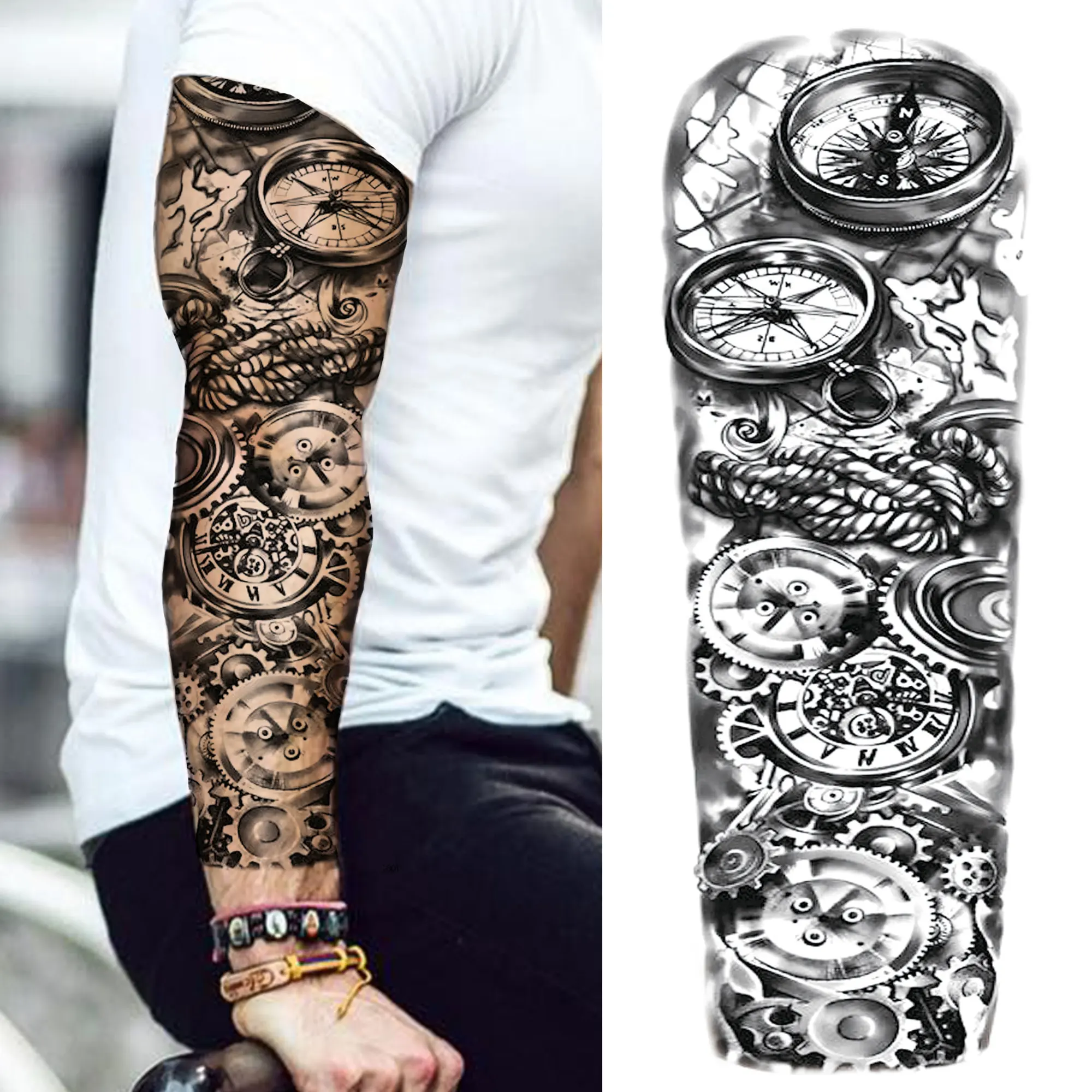 Black Forest Wolf tatuajes temporales manga para hombres y mujeres, soldado  falso, brújula, ojo, tatuaje, pegatina, brazo completo, juegos de tatuajes  lavables