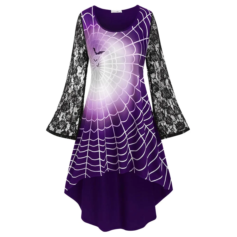 

ROSEGAL Plus Size Spider Web Print High Low Halloween Dress Gothic Women Long Party Lace Dress Asymmetrical Retro Gothic Dress