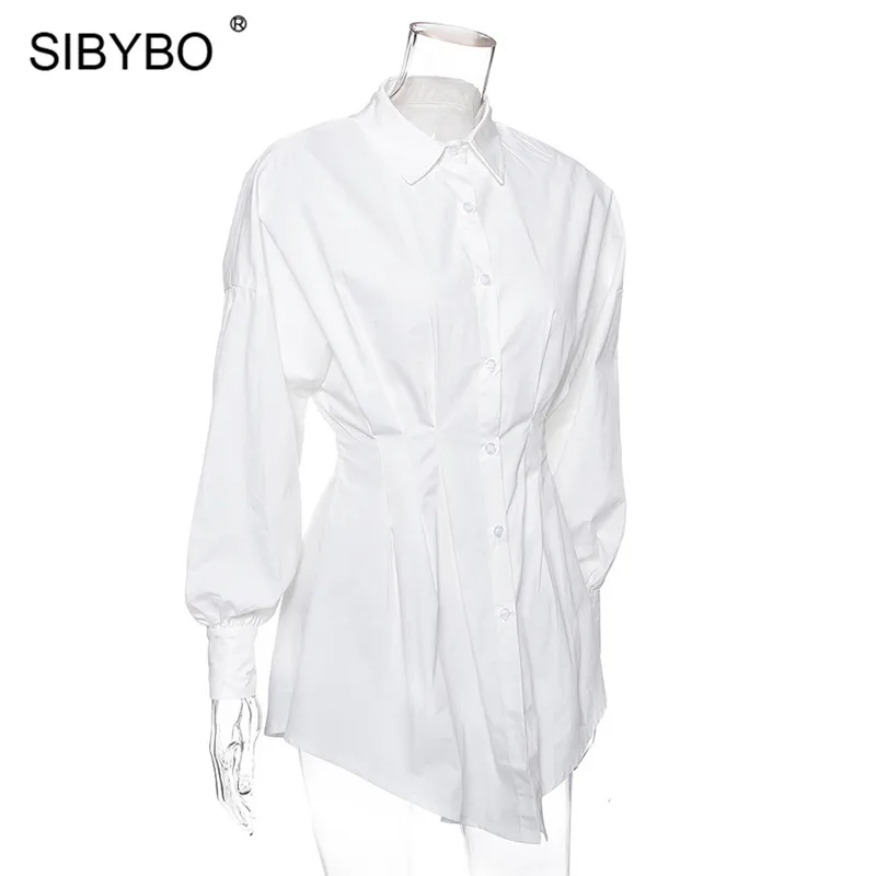 SIBYBO осеннее Хлопковое платье-рубашка с длинным рукавом, женское модное асимметричное свободное мини-платье, белое элегантное женское вечернее платье