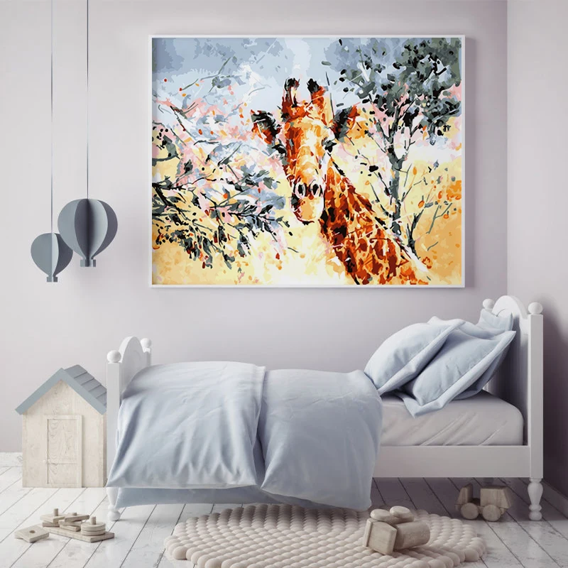 

DIY color picture by number with colored beautiful animal giraffe picture painting by digital frame home