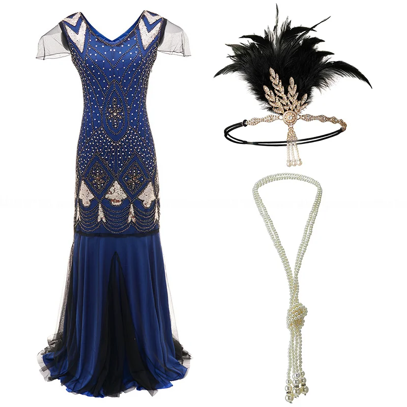 Women 1920s Vintage Flapper Fringe Beaded Gatsby Party Dress with 20s Accessories Set