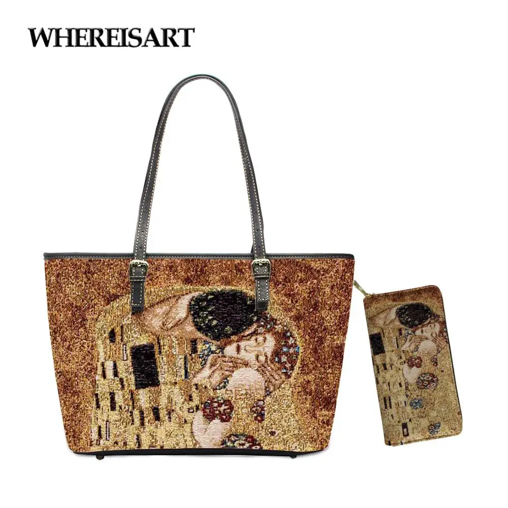 

WHEREISART Custom Women Luxury Design Shoulder Bag and Purse Gustav Klimt The Kiss Printing Luxury Leather Handbags Bolsa Mujer