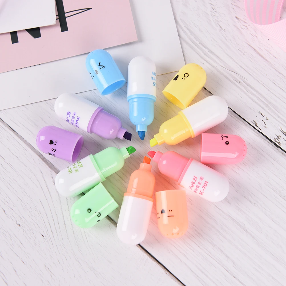 6 Pcs/set Mini Pill Shaped Highlighter Pens For Writing Cute Face Graffiti Marker Pen Korean