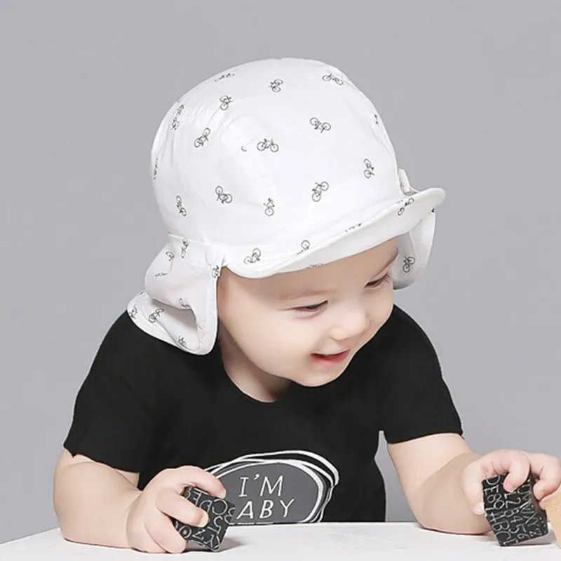 Baby Boy Children Summer Caps Soft Brim Blue/White Detachable Cute Cartoon Print Sun Hat Toddler