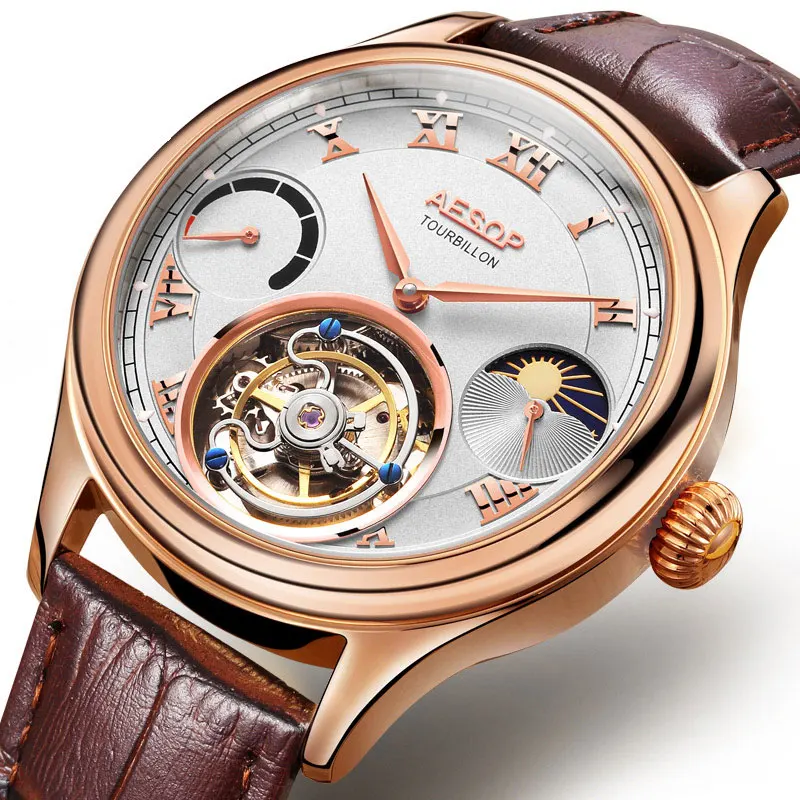 Лидирующий бренд, Мужские Оригинальные настоящие Tourbillon часы, многофункциональные, с двумя часовыми поясами, с Луной, фазой, светящиеся, мужские деловые часы - Цвет: Brown rose gold