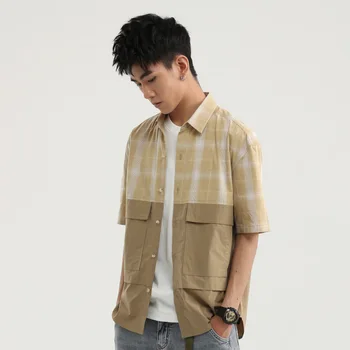 

EWQ / men's wear plaid patchwork shirt short-sleeved casual tops for male 2020 summer new loose streetwear clothes 9Y2079