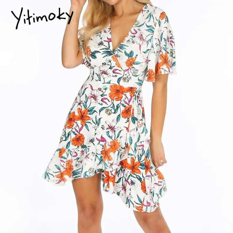 Женское шифоновое платье с цветочным принтом и v-образным вырезом повседневное