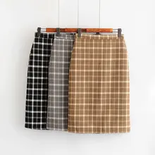 Черная, серая, желтая, на молнии, высокая талия, карандаш, длина до колена, с разрезом, теплая шерстяная клетчатая юбка для женщин, женские юбки, saia saias