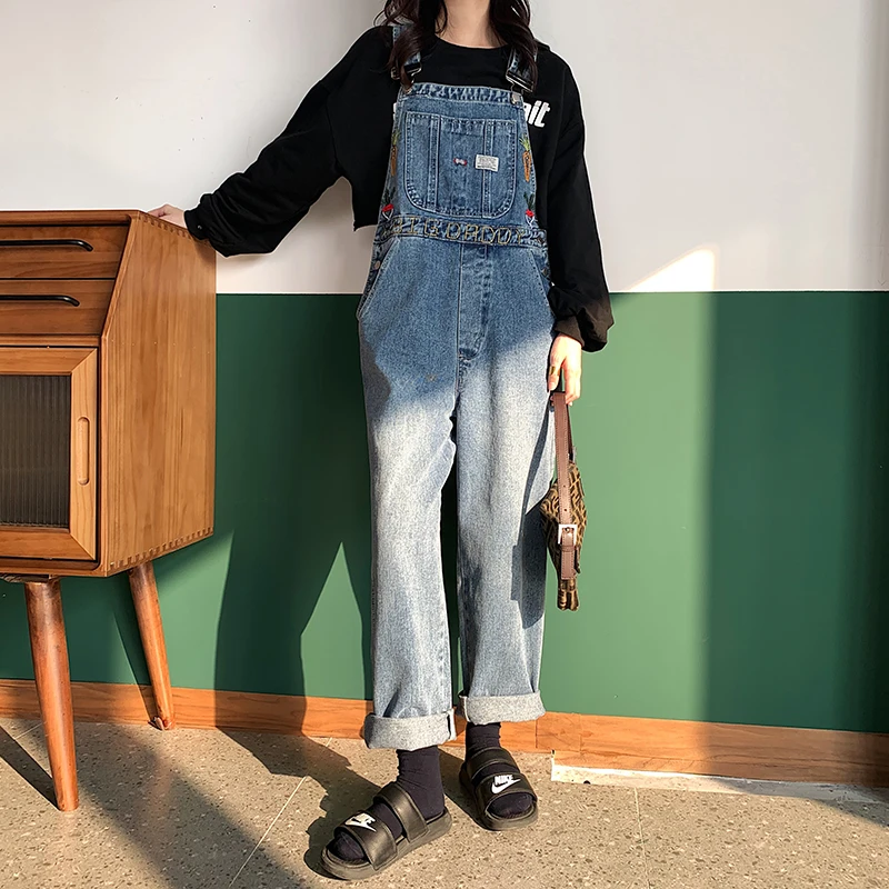 Harajuku/джинсы с вышитыми фруктами; женские осенние брюки; хлопковые винтажные брюки на лямках; Свободные Комбинезоны с высокой талией; джинсовый комбинезон для женщин