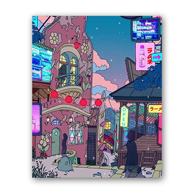 Canvas Wall Art Cartoon View Street Prints Poster Home Decoration Night Tree Manga Cute Painting For Bedroom Modular Pictures J-Night-Tree-5